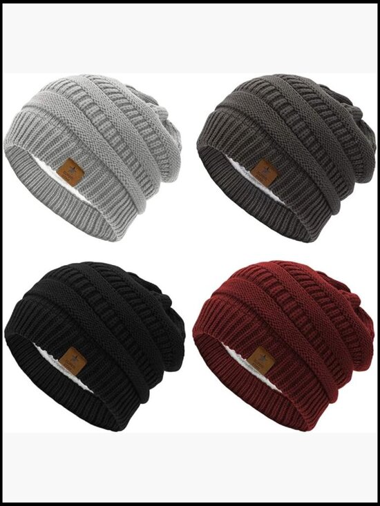 Fleece Lined Knit Beanie with Stripes - Winter Warm Skiing Hat main image 5